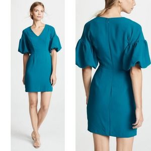 Amanda Uprichard Teal Blue Short Puff Sleeve V-Neck Mini Dress Size Small